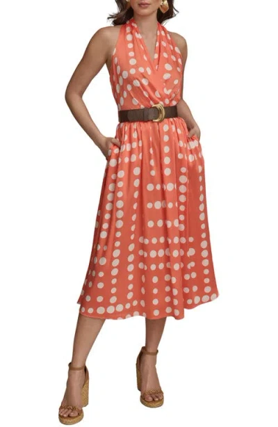 Donna Karan New York Polka Dot Belted Midi Dress In Spring Melon Cream