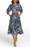 Donna Karan New York Print Belted Long Sleeve Linen Blend Maxi Shirtdress In Ink Multi