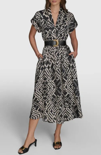 Donna Karan New York Print Belted Midi Dress In Black/sand