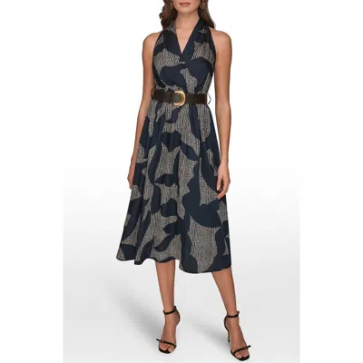 Donna Karan New York Print Belted Sleeveless Midi Dress In Blue