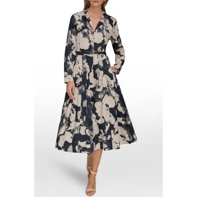 Donna Karan New York Print Pleated Long Sleeve Midi Dress In Black