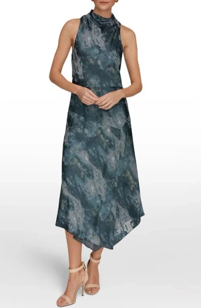 Donna Karan New York Print Sleeveless Mock Neck Maxi Dress In Blue