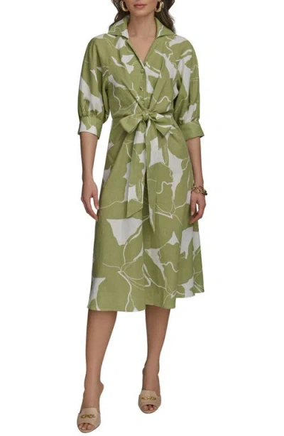 Donna Karan New York Print Tie Waist Linen Blend Midi Shirtdress