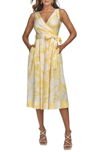 Donna Karan New York Print Tie Waist Sleeveless Midi Dress