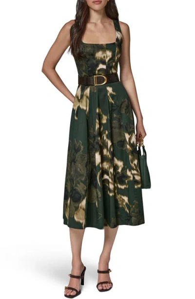 Donna Karan Square Neck Belted Sleeveless Dress In Green