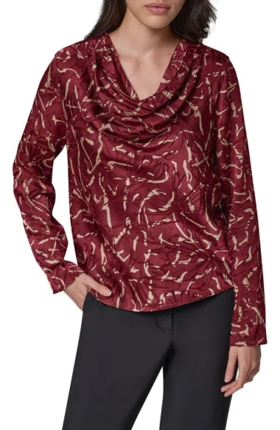 Donna Karan New York Printed Cowl Neck Burnout Top In Red