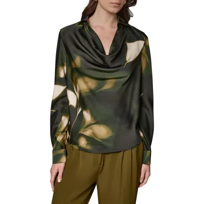 Donna Karan New York Printed Cowl Neck Satin Top In Olive Brine