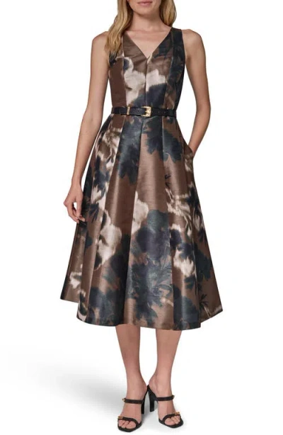 Donna Karan New York Printed V-neck Belted Midi Dress In Olive Brown