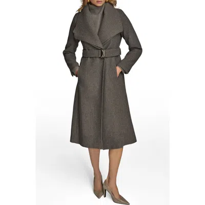 Donna Karan New York Rib Belted Wool Blend Wrap Coat With Bib In Multi