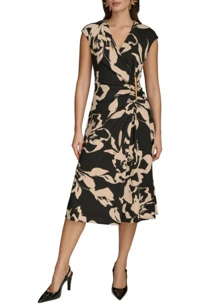 Donna Karan New York Ruched Floral Dress In Black/sand Multi