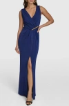 Shop Donna Karan New York Ruched Front Slit Sleeveless Gown In Cosmos