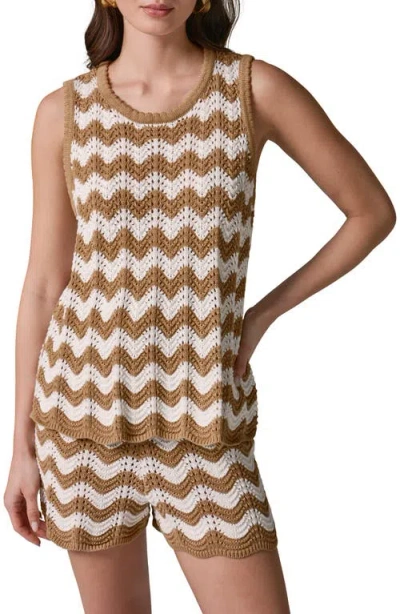 Donna Karan New York Scallop Stripe Sleeveless Pointelle Sweater In Brown