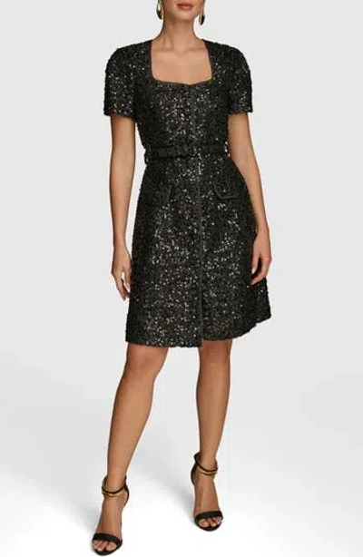 Donna Karan New York Sequin Belted Button-up Dress In Black