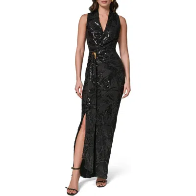 Donna Karan New York Sequin Floral Faux Wrap Gown In Black