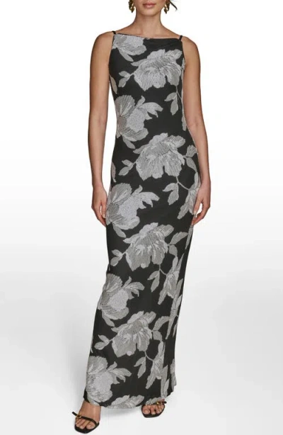 Donna Karan New York Sequin Floral Sheath Gown In Black/white