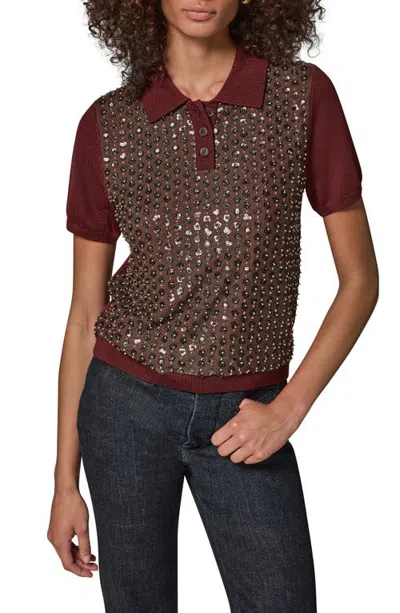 Donna Karan New York Sequin Floral Short Sleeve Polo Sweater In Brown