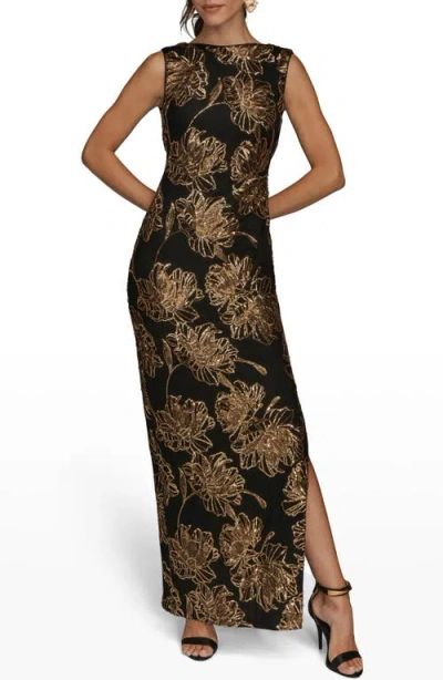 Donna Karan New York Sequin Floral Sleeveless Gown In Black