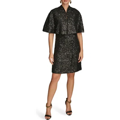 Donna Karan New York Sequin Tweed Cape & Sheath Dress Set In Black