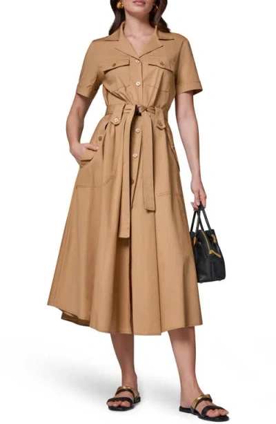 Donna Karan New York Short Sleeve Stretch Cotton Shirtdress In Brown