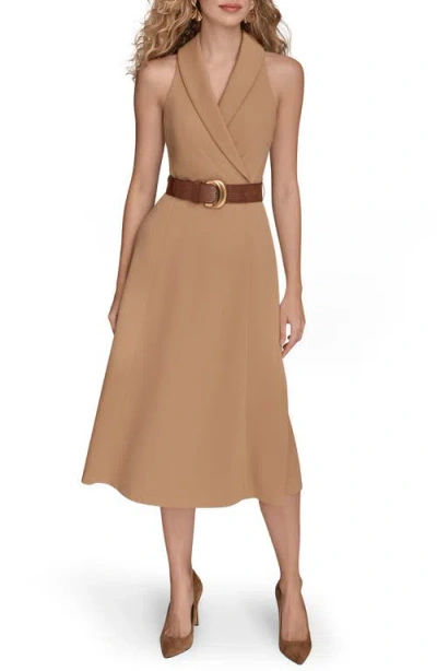 Donna Karan New York Sleeveless Belted A-line Dress In Brown
