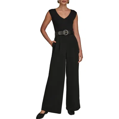 Donna Karan New York Sleeveless Belted Mixed Media Jumpsuit In Black