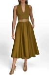 Donna Karan New York Sleeveless Belted Mixed Media Midi Dress In Green