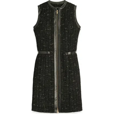 Donna Karan New York Sleeveless Faux Leather Trim Tweed Dress In Black