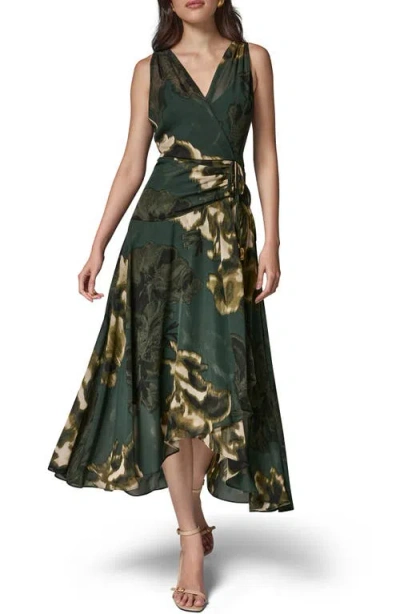 Donna Karan Printed Chiffon Crossover Neck Faux Wrap Dress In Black