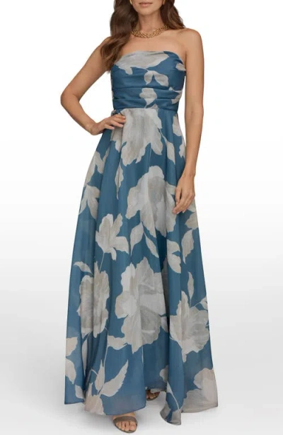 Donna Karan New York Strapless Floral Print Gown In Blue