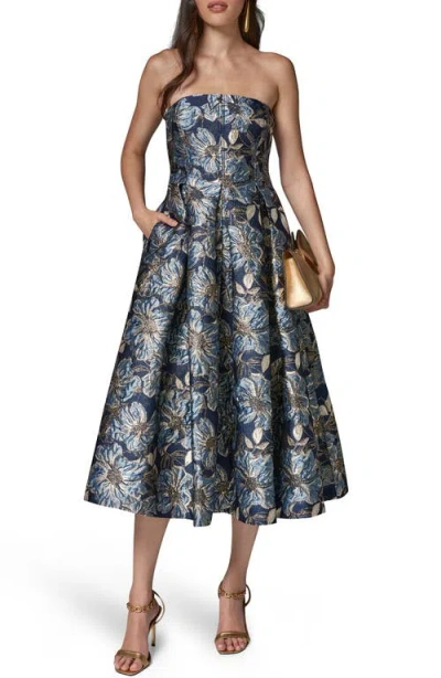 Donna Karan New York Strapless Jacquard Midi Dress In Blue