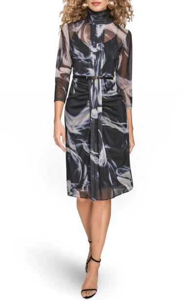 Donna Karan New York Swirl Print Sheer Overlay Dress In Black