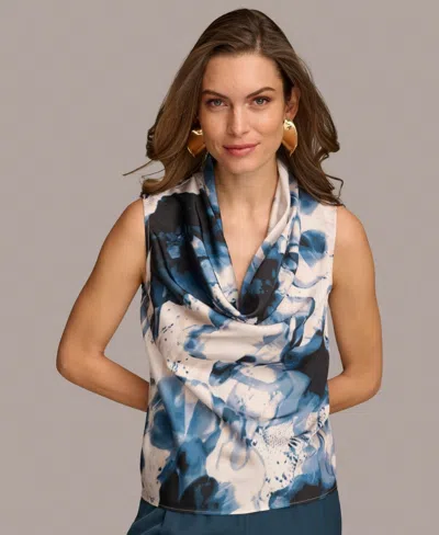 Donna Karan New York Tank Top Womens White Multi Abstract Cowl Neck Fts83 In Blue