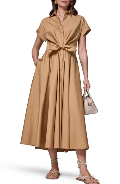 Donna Karan New York Tie Waist Short Sleeve Stretch Cotton Midi Shirtdress In Brown