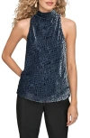 Donna Karan New York Velvet Burnout Cowl Neck Tank In Blue