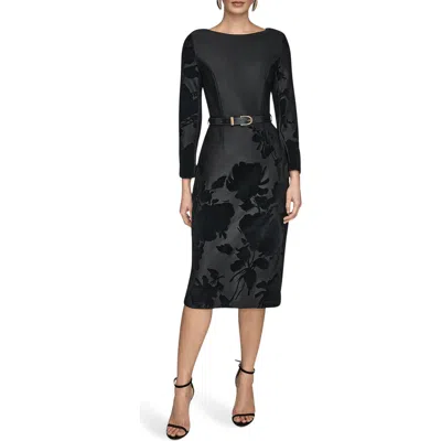 Donna Karan New York Velvet Floral Belted Long Sleeve Sheath Dress In Black