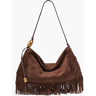Donna Karan New York Velvet Suede Fringe Large Shoulder In Brown