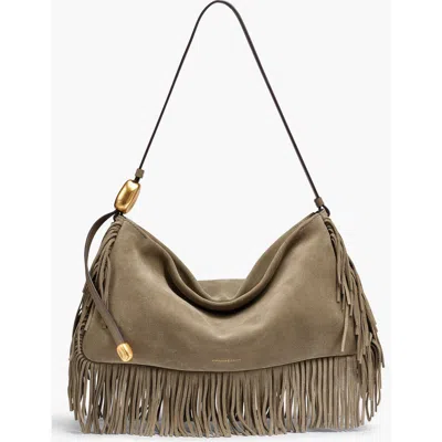 Donna Karan New York Velvet Suede Fringe Large Shoulder In Brown