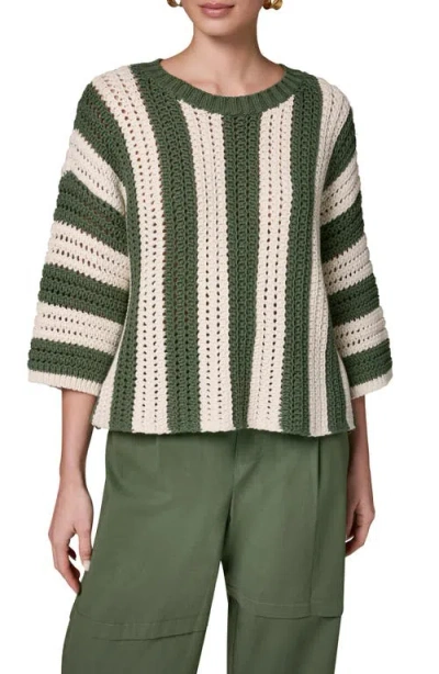 Donna Karan New York Vertical Stripe Open Stitch Cotton Sweater In Green