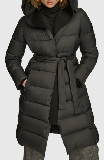 Donna Karan New York Water Resistant Mixed Media Hooded Puffer Coat In Black
