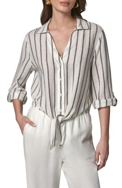 Donna Karan New York Yarn Dye Stripe Crop Linen Blend Button-up Shirt In Animal Print