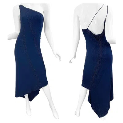 Pre-owned Donna Karan Nwt  90s Size 8 Navy Blue Beaded Handkerchief Hem One Shoulder Dress