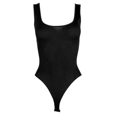 Pre-owned Donna Karan Nwt Early 1990s  Black Silk Bodysuit Satin Trim Stretch Tank Top