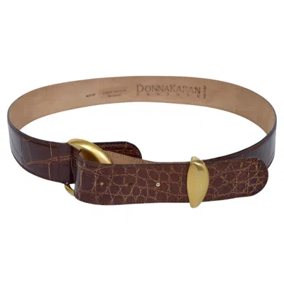 Pre-owned Donna Karan Ny Brown Alligator Belt, Size Medium, With Gold Plated Brass Buckles