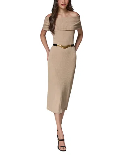 Donna Karan Off-the-shoulder Belted Sweater Dress In Brown