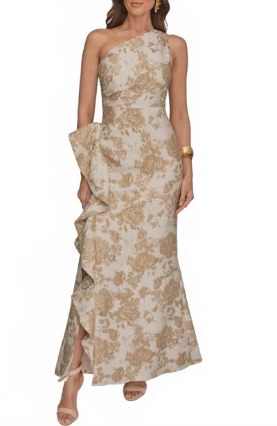 Donna Karan One Shoulder Cascading Ruffle Metallic Floral Gown In Gold