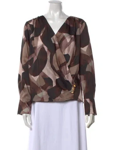 Pre-owned Donna Karan Patterned V-neck Blouse W/ Tags In Brown