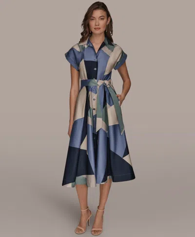 Donna Karan Petite Belted Short-sleeve Shirtdress In Blue