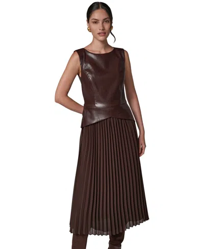 Donna Karan Petite Boat-neck Faux-wrap A-line Midi Dress In Brown