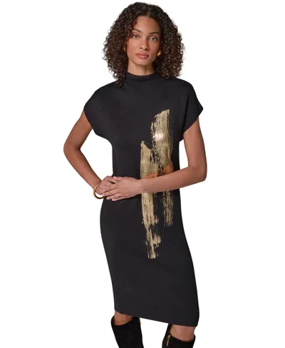 Donna Karan Petite Cap Sleeve Metallic-print Graphic Midi Sweater Dress In Black
