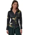 Donna Karan Petite Collared Button-front Blouse In Black